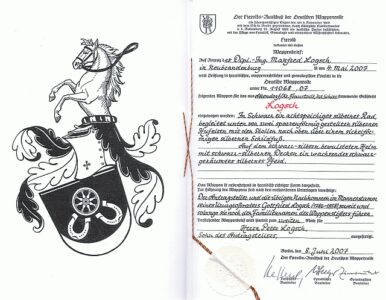Wappenbrief vom 08.06.2007 zur Eintragung des Familienwappens "Logsch" in der Deutschen Wappenrolle unter der Nr. 11068/07
